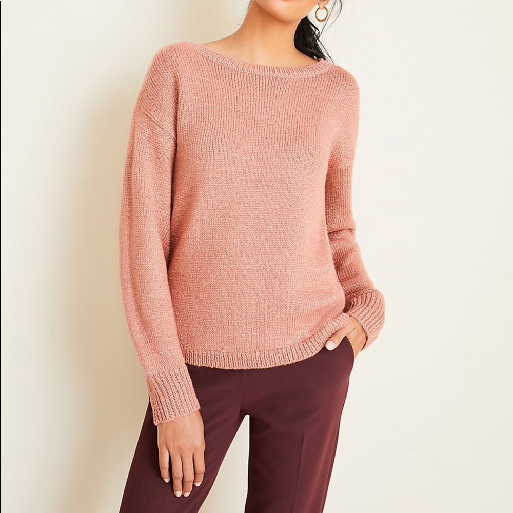 Ann Taylor Shimmer Balloon Sleeve Sweater Old Rose